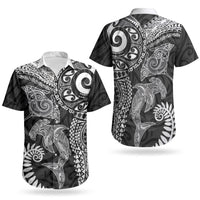 Aotearoa Maori Sea Animals Tribal Couples Matching Off The Shoulder Long Sleeve Dress and Hawaiian Shirt Manta Ray and Shark Moko Pattern Black Color LT03 - Polynesian Pride