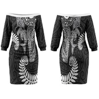 Aotearoa Maori Sea Animals Tribal Couples Matching Off The Shoulder Long Sleeve Dress and Hawaiian Shirt Manta Ray and Shark Moko Pattern Black Color LT03 - Polynesian Pride