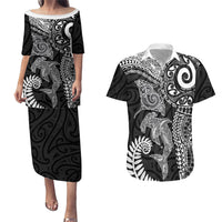 Aotearoa Maori Sea Animals Tribal Couples Matching Puletasi and Hawaiian Shirt Manta Ray and Shark Moko Pattern Black Color LT03 Black - Polynesian Pride
