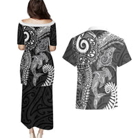 Aotearoa Maori Sea Animals Tribal Couples Matching Puletasi and Hawaiian Shirt Manta Ray and Shark Moko Pattern Black Color LT03 - Polynesian Pride