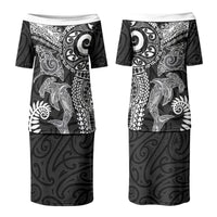 Aotearoa Maori Sea Animals Tribal Couples Matching Puletasi and Hawaiian Shirt Manta Ray and Shark Moko Pattern Black Color LT03 - Polynesian Pride