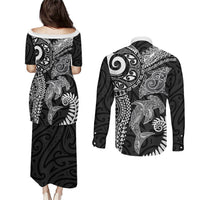 Aotearoa Maori Sea Animals Tribal Couples Matching Puletasi and Long Sleeve Button Shirt Manta Ray and Shark Moko Pattern Black Color