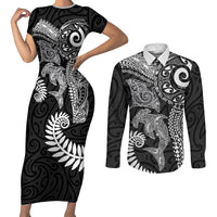 Aotearoa Maori Sea Animals Tribal Couples Matching Short Sleeve Bodycon Dress and Long Sleeve Button Shirt Manta Ray and Shark Moko Pattern Black Color