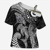 Aotearoa Maori Sea Animals Tribal Cross Shoulder Shirt Manta Ray and Shark Moko Pattern Black Color