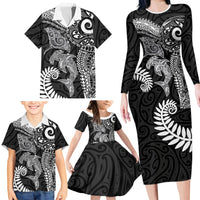 Aotearoa Maori Sea Animals Tribal Family Matching Long Sleeve Bodycon Dress and Hawaiian Shirt Manta Ray and Shark Moko Pattern Black Color