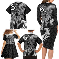 Aotearoa Maori Sea Animals Tribal Family Matching Long Sleeve Bodycon Dress and Hawaiian Shirt Manta Ray and Shark Moko Pattern Black Color