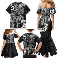 Aotearoa Maori Sea Animals Tribal Family Matching Mermaid Dress and Hawaiian Shirt Manta Ray and Shark Moko Pattern Black Color