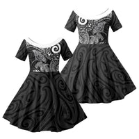 Aotearoa Maori Sea Animals Tribal Family Matching Mermaid Dress and Hawaiian Shirt Manta Ray and Shark Moko Pattern Black Color LT03 Daughter's Dress Black - Polynesian Pride