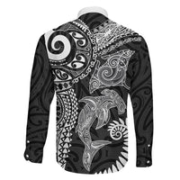 Aotearoa Maori Sea Animals Tribal Family Matching Mermaid Dress and Hawaiian Shirt Manta Ray and Shark Moko Pattern Black Color LT03 Son's Shirt Black - Polynesian Pride