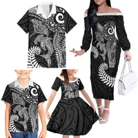 Aotearoa Maori Sea Animals Tribal Family Matching Off The Shoulder Long Sleeve Dress and Hawaiian Shirt Manta Ray and Shark Moko Pattern Black Color
