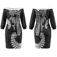 Aotearoa Maori Sea Animals Tribal Family Matching Off The Shoulder Long Sleeve Dress and Hawaiian Shirt Manta Ray and Shark Moko Pattern Black Color LT03 Mom's Dress Black - Polynesian Pride