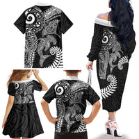 Aotearoa Maori Sea Animals Tribal Family Matching Off The Shoulder Long Sleeve Dress and Hawaiian Shirt Manta Ray and Shark Moko Pattern Black Color