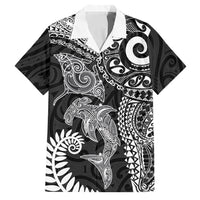 Aotearoa Maori Sea Animals Tribal Family Matching Off The Shoulder Long Sleeve Dress and Hawaiian Shirt Manta Ray and Shark Moko Pattern Black Color LT03 Dad's Shirt - Short Sleeve Black - Polynesian Pride