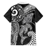 Aotearoa Maori Sea Animals Tribal Family Matching Off The Shoulder Long Sleeve Dress and Hawaiian Shirt Manta Ray and Shark Moko Pattern Black Color LT03 Dad's Shirt - Long Sleeve Black - Polynesian Pride