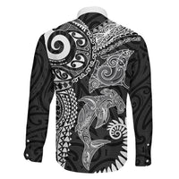 Aotearoa Maori Sea Animals Tribal Family Matching Off The Shoulder Long Sleeve Dress and Hawaiian Shirt Manta Ray and Shark Moko Pattern Black Color LT03 Son's Shirt Black - Polynesian Pride