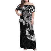 Aotearoa Maori Sea Animals Tribal Family Matching Off Shoulder Maxi Dress and Hawaiian Shirt Manta Ray and Shark Moko Pattern Black Color