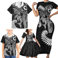 Aotearoa Maori Sea Animals Tribal Family Matching Short Sleeve Bodycon Dress and Hawaiian Shirt Manta Ray and Shark Moko Pattern Black Color LT03 - Polynesian Pride