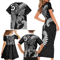 Aotearoa Maori Sea Animals Tribal Family Matching Short Sleeve Bodycon Dress and Hawaiian Shirt Manta Ray and Shark Moko Pattern Black Color LT03 Mom's Dress Black - Polynesian Pride