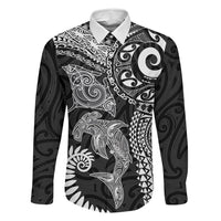 Aotearoa Maori Sea Animals Tribal Family Matching Short Sleeve Bodycon Dress and Hawaiian Shirt Manta Ray and Shark Moko Pattern Black Color LT03 Daughter's Dress Black - Polynesian Pride