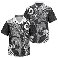 Aotearoa Maori Sea Animals Tribal Family Matching Short Sleeve Bodycon Dress and Hawaiian Shirt Manta Ray and Shark Moko Pattern Black Color LT03 Son's Shirt Black - Polynesian Pride