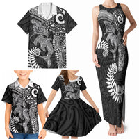 Aotearoa Maori Sea Animals Tribal Family Matching Tank Maxi Dress and Hawaiian Shirt Manta Ray and Shark Moko Pattern Black Color LT03 - Polynesian Pride