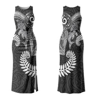 Aotearoa Maori Sea Animals Tribal Family Matching Tank Maxi Dress and Hawaiian Shirt Manta Ray and Shark Moko Pattern Black Color LT03 Mom's Dress Black - Polynesian Pride