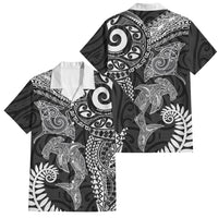 Aotearoa Maori Sea Animals Tribal Family Matching Tank Maxi Dress and Hawaiian Shirt Manta Ray and Shark Moko Pattern Black Color LT03 Dad's Shirt - Short Sleeve Black - Polynesian Pride