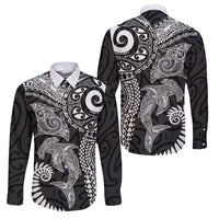 Aotearoa Maori Sea Animals Tribal Family Matching Tank Maxi Dress and Hawaiian Shirt Manta Ray and Shark Moko Pattern Black Color LT03 Dad's Shirt - Long Sleeve Black - Polynesian Pride