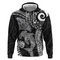 Aotearoa Maori Sea Animals Tribal Hoodie Manta Ray and Shark Moko Pattern Black Color LT03 Pullover Hoodie Black - Polynesian Pride