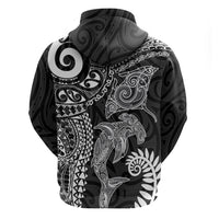 Aotearoa Maori Sea Animals Tribal Hoodie Manta Ray and Shark Moko Pattern Black Color LT03 - Polynesian Pride