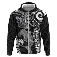Aotearoa Maori Sea Animals Tribal Hoodie Manta Ray and Shark Moko Pattern Black Color LT03 Zip Hoodie Black - Polynesian Pride
