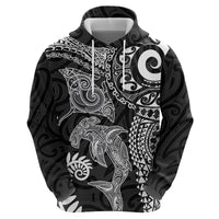 Aotearoa Maori Sea Animals Tribal Hoodie Manta Ray and Shark Moko Pattern Black Color LT03 - Polynesian Pride