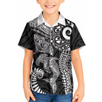 Aotearoa Maori Sea Animals Tribal Kid Hawaiian Shirt Manta Ray and Shark Moko Pattern Black Color LT03 Kid Black - Polynesian Pride