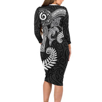 Aotearoa Maori Sea Animals Tribal Long Sleeve Bodycon Dress Manta Ray and Shark Moko Pattern Black Color
