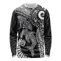Aotearoa Maori Sea Animals Tribal Long Sleeve Shirt Manta Ray and Shark Moko Pattern Black Color