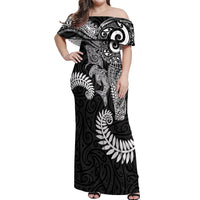 Aotearoa Maori Sea Animals Tribal Off Shoulder Maxi Dress Manta Ray and Shark Moko Pattern Black Color LT03 Women Black - Polynesian Pride
