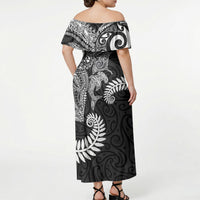 Aotearoa Maori Sea Animals Tribal Off Shoulder Maxi Dress Manta Ray and Shark Moko Pattern Black Color LT03 - Polynesian Pride