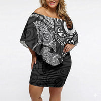 Aotearoa Maori Sea Animals Tribal Off Shoulder Short Dress Manta Ray and Shark Moko Pattern Black Color LT03 Women Black - Polynesian Pride
