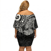 Aotearoa Maori Sea Animals Tribal Off Shoulder Short Dress Manta Ray and Shark Moko Pattern Black Color LT03 - Polynesian Pride