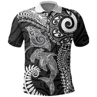Aotearoa Maori Sea Animals Tribal Polo Shirt Manta Ray and Shark Moko Pattern Black Color LT03 Black - Polynesian Pride