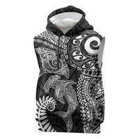Aotearoa Maori Sea Animals Tribal Sleeveless Hoodie Manta Ray and Shark Moko Pattern Black Color