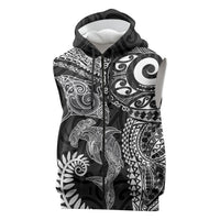Aotearoa Maori Sea Animals Tribal Sleeveless Zip Hoodie Manta Ray and Shark Moko Pattern Black Color