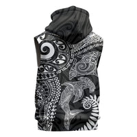 Aotearoa Maori Sea Animals Tribal Sleeveless Zip Hoodie Manta Ray and Shark Moko Pattern Black Color