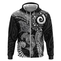 Aotearoa Maori Sea Animals Tribal Zip Hoodie Manta Ray and Shark Moko Pattern Black Color LT03 Zip Hoodie Black - Polynesian Pride