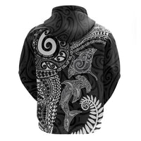 Aotearoa Maori Sea Animals Tribal Zip Hoodie Manta Ray and Shark Moko Pattern Black Color LT03 - Polynesian Pride