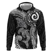 Aotearoa Maori Sea Animals Tribal Zip Hoodie Manta Ray and Shark Moko Pattern Black Color LT03 Pullover Hoodie Black - Polynesian Pride