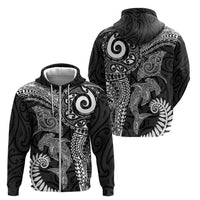 Aotearoa Maori Sea Animals Tribal Zip Hoodie Manta Ray and Shark Moko Pattern Black Color LT03 - Polynesian Pride