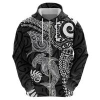 Aotearoa Maori Sea Animals Tribal Zip Hoodie Manta Ray and Shark Moko Pattern Black Color LT03 - Polynesian Pride