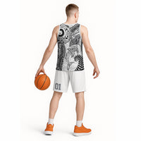 Aotearoa Maori Sea Animals Tribal Basketball Jersey Manta Ray and Shark Moko Pattern White Color