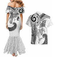 Aotearoa Maori Sea Animals Tribal Couples Matching Mermaid Dress and Hawaiian Shirt Manta Ray and Shark Moko Pattern White Color